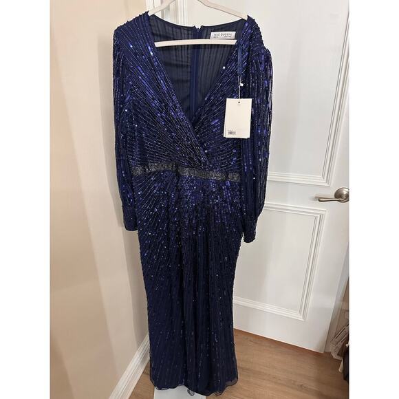 NEW Mac Duggal Navy Sequined Wrap Over Bishop Sleeve Gown Midnight sz 20 MD5501 - Picture 5 of 7